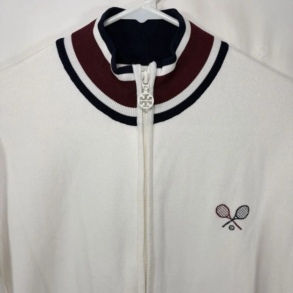 Tory Burch Sport Full Zip Tennis Sweater Jacket Womens Medium White Cotton Blend